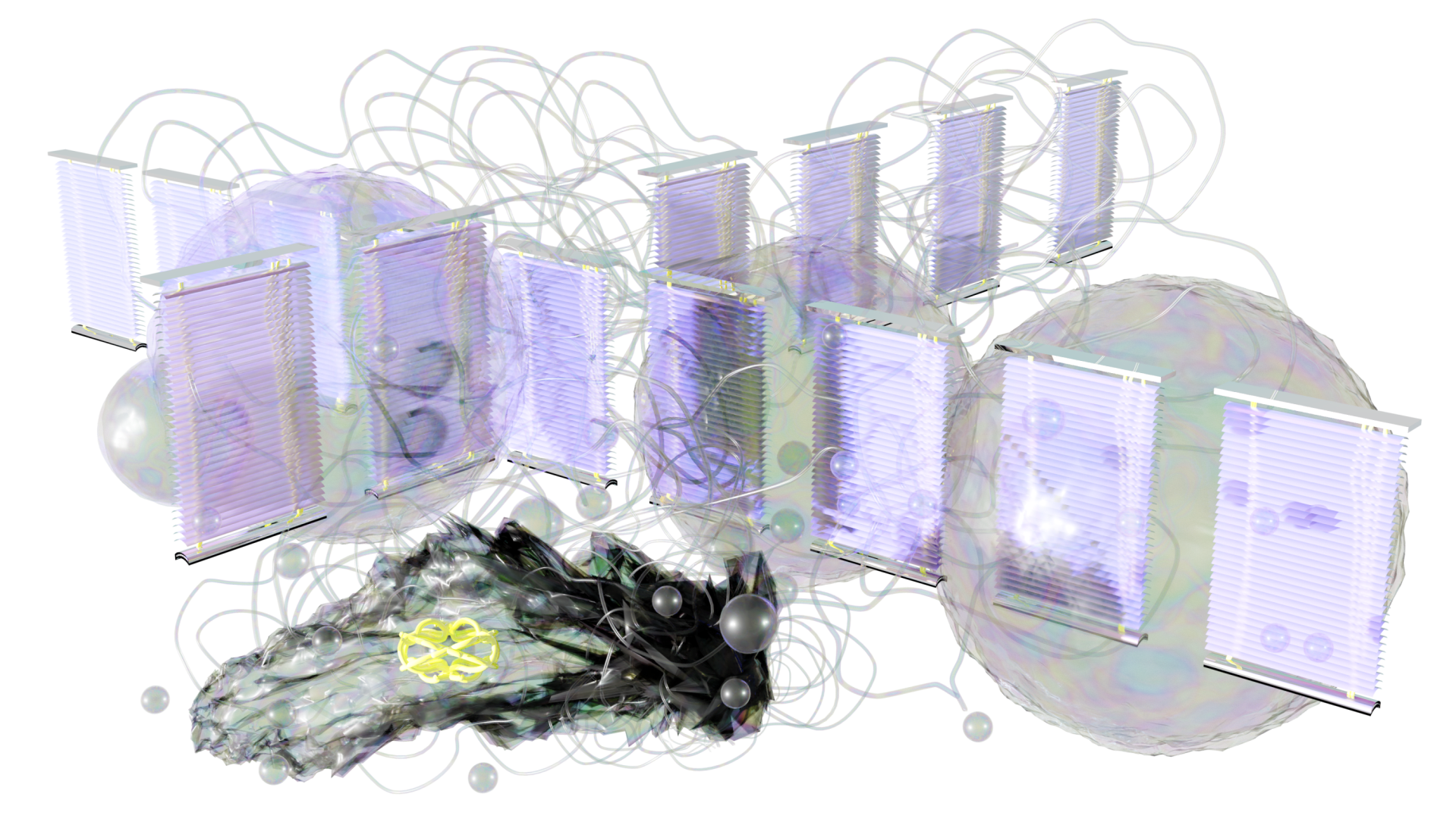 Arranged in a horizontal cross-like shape are 14 iridescent office blinds standing upright. Three large iridescent bubbles sit behind these blinds and long wavy translucent tubes weave in and out of all of these objects. In the bottom left is a darke