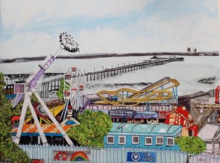 A paper collage of a seaside funfair. Different rides are in bright purples and yellows, with the sea stretching out behind.