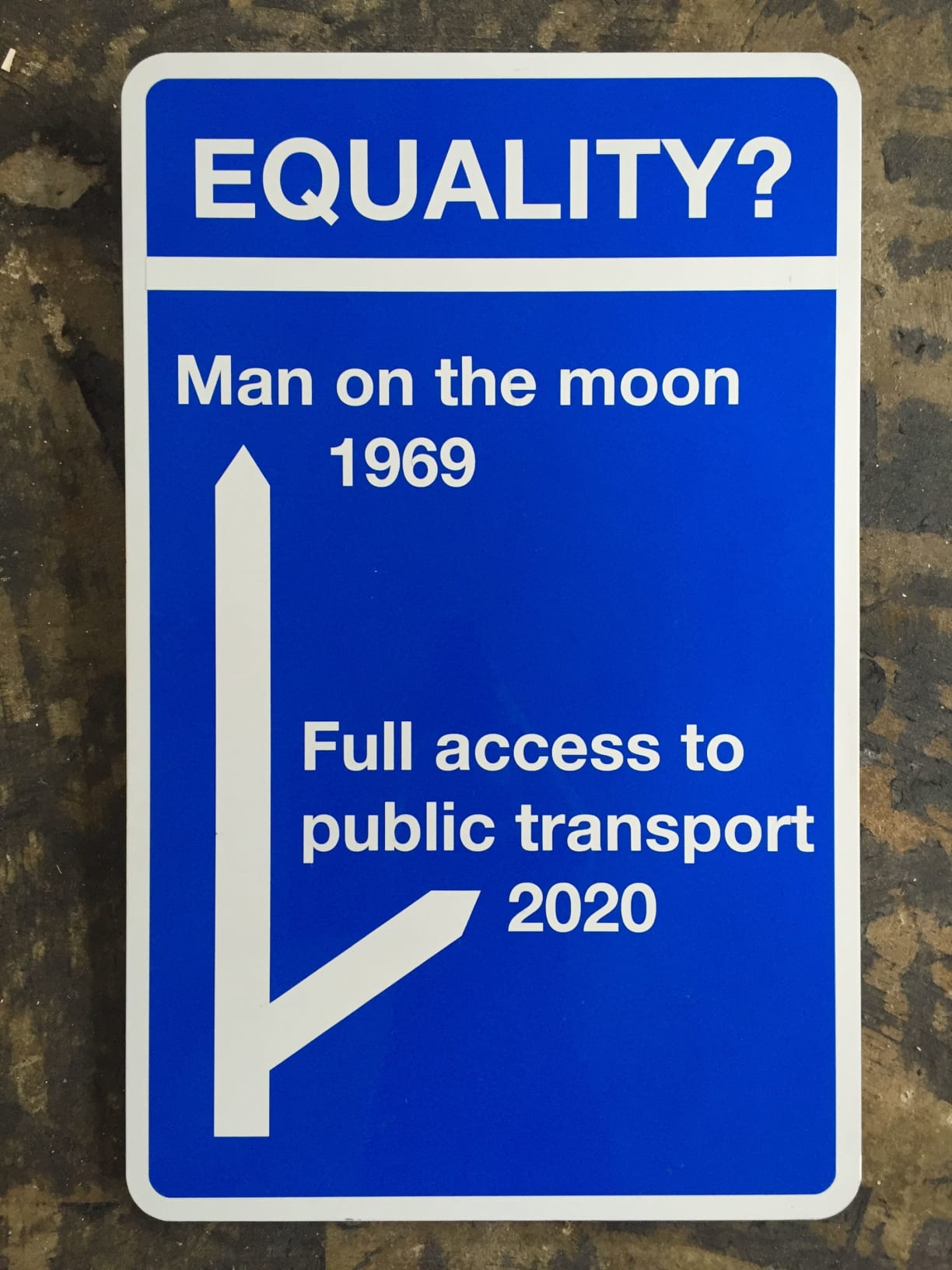 White and blue sign with the title Equality  with a question mark