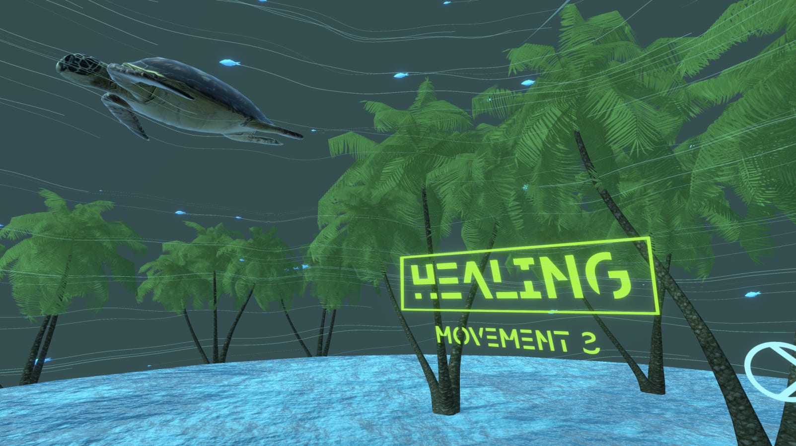 Digital image. Along the floor, bright blue water ripples. Luscious trees grow out from the water, surrounding a yellow neon text that reads Healing Movement 3. To the left of the trees, a turtle floats past.